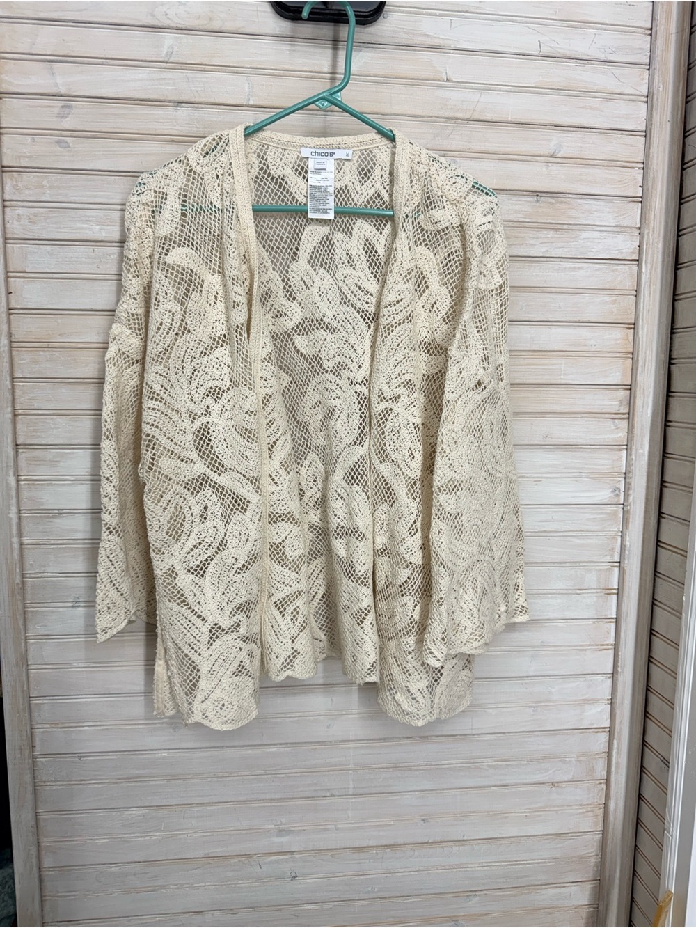 Chico's Cream Crochet Open-Front Cardigan Sweater Duster